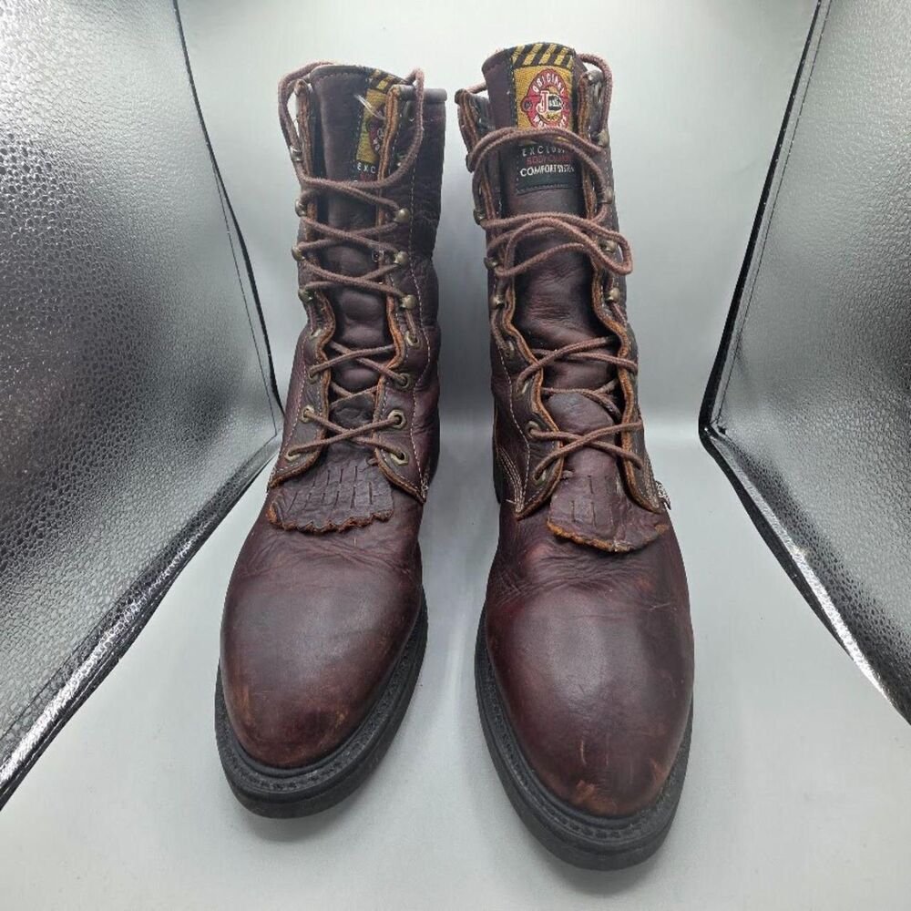 Justin Mens 12 D Brown Leather Conductor 8" Work Boots Comfort Packer Used - Picture 5 of 13